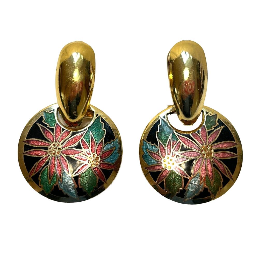 Vintage Cloisonne Flower Door Knocker Earrings 1960's SG